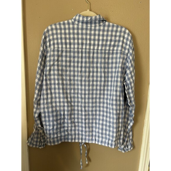 Talbots Top Women L Drawstring Blue Linen Gingham Plaid Long Sleeve Capsule VTG - Picture 10 of 12
